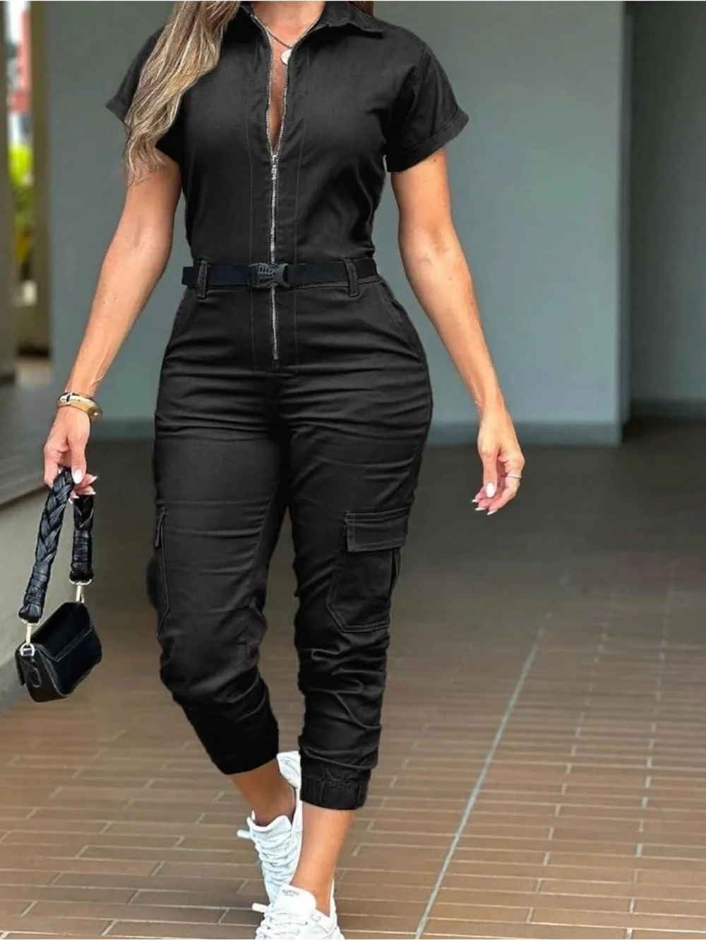 Black Zip-Front Utility Jumpsuit